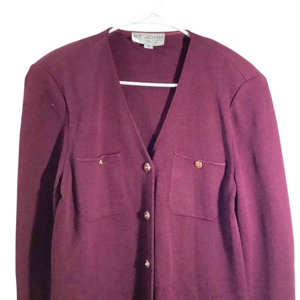 St. John Santana Knit Burgundy Sweater with Gold Accents - Picture 2 of 8